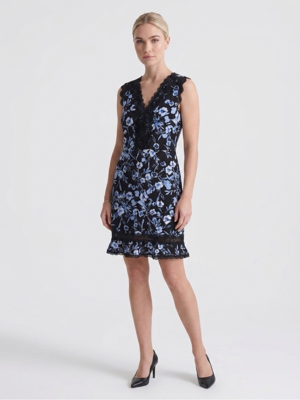 Karl Lagerfeld Black Mini Dress with Blue Floral Lace